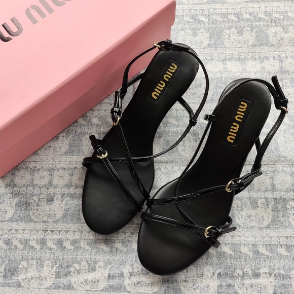 Miu Miu Shoes - Miu Miu Black Leather Strappy Heeled Sandals with Gold Accents